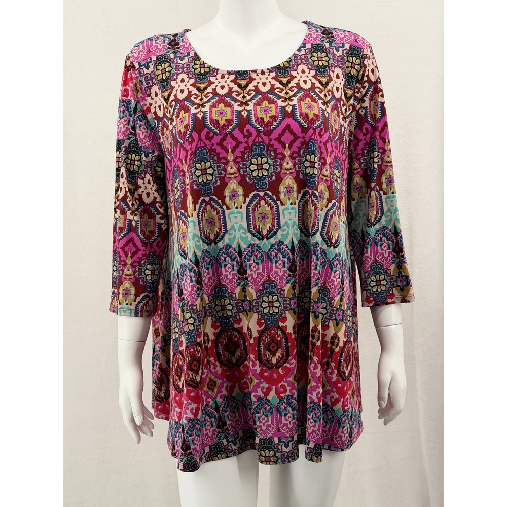Cocomo Top Womens 1X Red Purple Ikat Boho 3/4 Sleeve Colorful Artsy Stretch